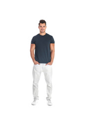 Young man in t-shirt on white background. Mockup for design
