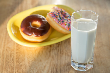 Delicious donuts with cup of milk