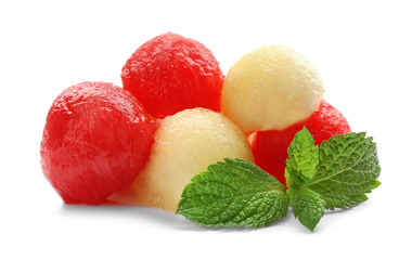 Mint, melon and watermelon balls on white background