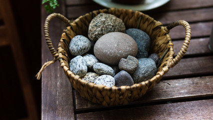 Stones on a basket.