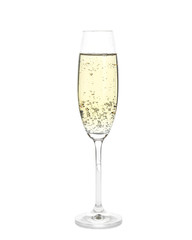 Glass of champagne on white background. Festive drink