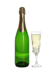 Bottle and glass with champagne on white background. Festive drink