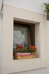 Close Up of a Decorated Window with Flowers in the City of Locorotondo,