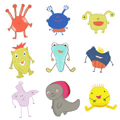 Happy cute monsters whimsical illustration for print, t-shirt, stickers