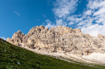 Rugged Mountain Ranges in Tre Cima Natural Park Area in the Italian Dolomites.