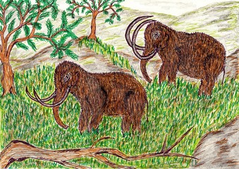 Hand drawn multicolor illustration with nature theme (mammoths in nature) - scan