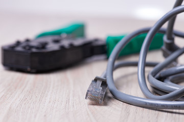 Network cable on wooden table