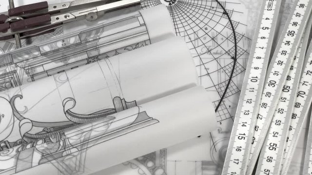 Blueprints - drawing of the golden section and drawings of antique decorative elements of architectural orders / seamless looping	