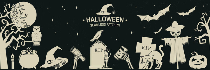 Seamless pattern for Halloween celebration with retro grunge effect. Vector illustration.