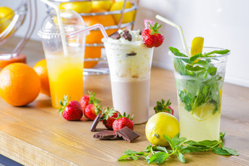 Fresh cocktails with fruits and chocolate