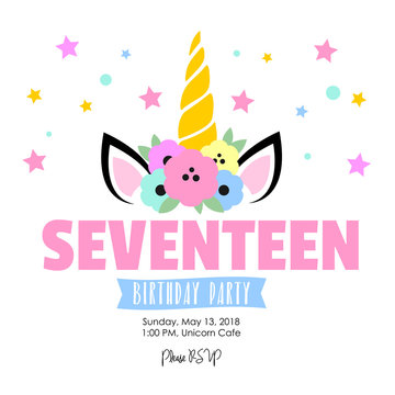 Birthday party invitation with unicorn. Seventeen