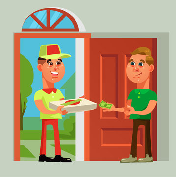 Pizza delivery man bring food to consumer character. Take away fast food vector cartoon illustration