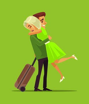  Man and woman characters meeting aster long separation business trip. Family lovers vector cartoon illustration