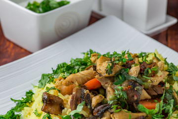 Plate of tasty rice with chicken meat