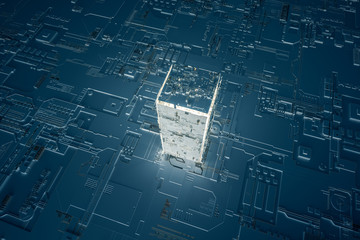 3d rendering, Circuit board and gold glow chip