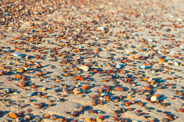 multicolored pebbles on a sea sandy beach on a sunny afternoon close up blurred background