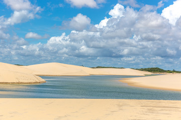 Freshwater lagoons in the middle of a white sand desert, clouds in the sky with green trees in the background