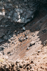 Vesuvius volcano in Italy. Top of the mountain, view of the crater and the surrounding area. High view, Naples and Pompeii below. The nature around the volcano