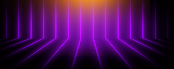 Background of an empty room at night with smoke and neon light. Dark abstract background. Background of an empty show scene. 3D rendering