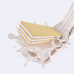 Crispy cookie wafer Cream with Milk splash on white background, 3d illustration.