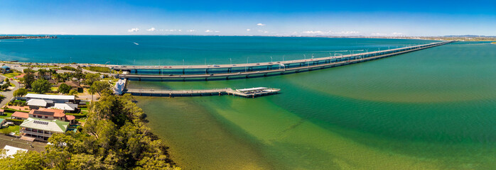 Aerial view of Houghton Bridges, connecting the Redcliffe Peninsula and Brigthon, Brisbane