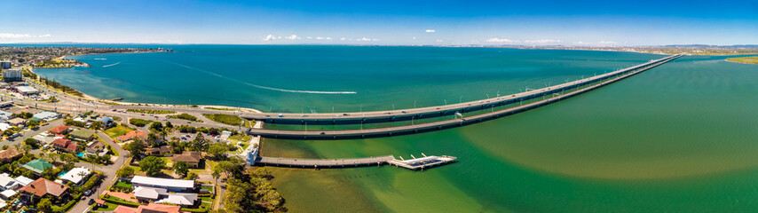 Aerial view of Houghton Bridges, connecting the Redcliffe Peninsula and Brigthon, Brisbane