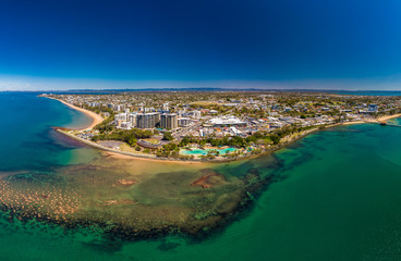 Fototapeta premium Aerial drone view of Settlement Cove Lagoon, Redcliffe, Australia