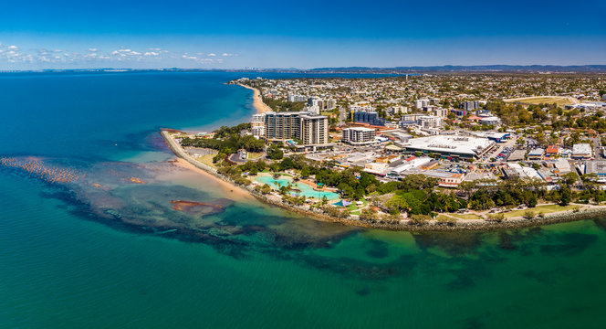Aerial drone view of Settlement Cove Lagoon, Redcliffe, Australia