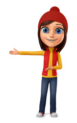 The girl in a hat shows on an empty space on a white background. 3d render illustration.