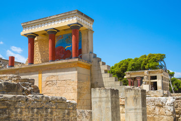Greece, Crete, Heraklion. Parade facade of the Knossos palace with sacred bull fresco. Iconic part of the surviving Knossos palace.