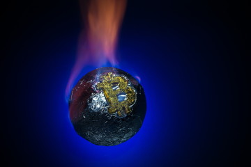 Bitcoin world crash,decline and planet burning.Hot price or value and high exchange rate of crypto currency on market