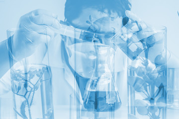 Double exposure scientist in laboratory to research with test tube , science concept.