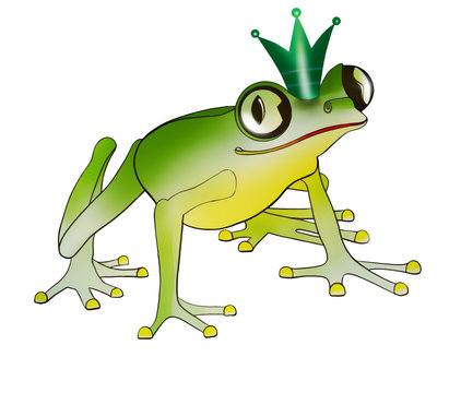 Frosch in grün sizend mit krone aquarell illustration.