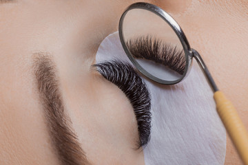 Eyelash extension procedure. Woman eye with beauty lashes