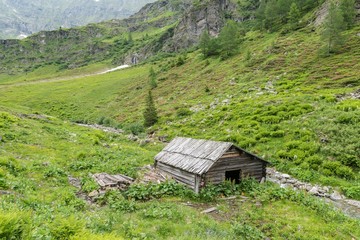 Einsame Holzhütte an einem Gebirgsbach in Österreich