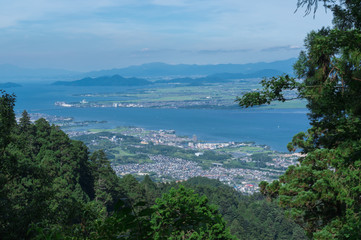 Fototapeta na wymiar The beautiful panoramic view of Biwako lake from Mount Hiei.