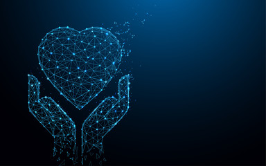 Hands holding Heart form lines, triangles and particle style design. Illustration vector