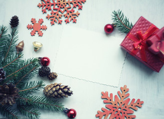 Christmas and New Year card / spruce twigs,blank and  figures of deers, snowflakes,