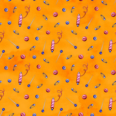 Seamless pattern with sewing accessories on yellow background. Hand drawn watercolor sketch style illustration