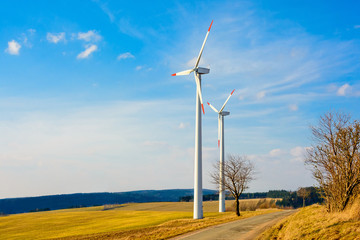 Wind power plants in the Czech Republic as a source of green energy. Turbine green energy electricity technology concept. Renewable wind energy. Power generation with wind turbines in a wind farm.