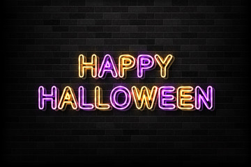 Vector realistic isolated neon sign of Happy Halloween typography logo for decoration and covering on the wall background. Concept of Halloween party and trick or treat.