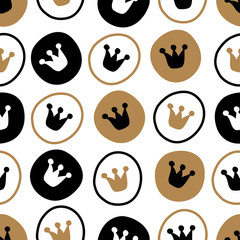 Crowns and polka dots. Vector seamless pattern.