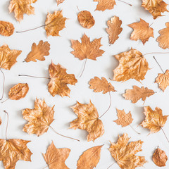 Autumn composition. Pattern made of golden maple leaves on pastel gray background. Autumn, fall concept. Flat lay, top view, square