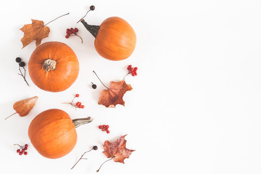 Autumn composition. Pumpkins, dried leaves on white background. Autumn, fall, halloween concept. Flat lay, top view, copy space