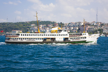 Fototapeta premium Sea voyage with old ferry (steamboat) on the Bosporus - Istanbul, Turkey
