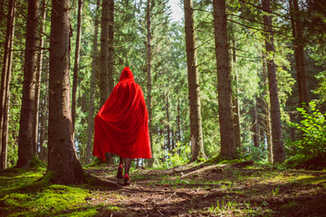  Concept of Halloween. Beautiful and simple costume of little red hood. Mysterious hooded figure in misty forest. Girl in red raincoat. Cosplay Fairy Tale Little Red Riding Hood 