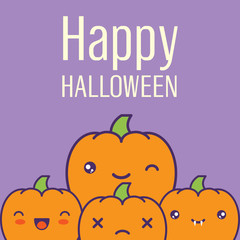 Halloween card with kawaii pumpkins. Vector illustration