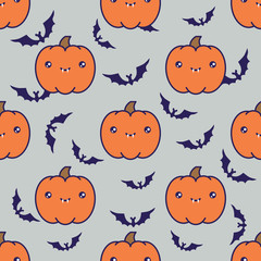 Seamless halloween pattern with pumpkins on grey background with silhouettes of flittermouse.