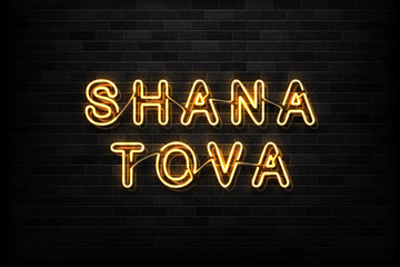 Vector realistic isolated neon sign of Shana Tova typography logo for decoration and covering on the wall background. Concept of Rosh Hashanah, Jewish New Year holiday.
