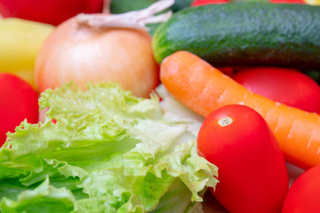 Vegetables: lettuce, onions, tomatoes, cucumbers, onions, carrots, red sweet peppers.
